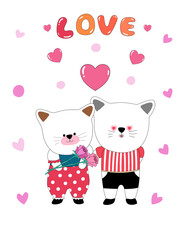 Collection Happy Valentine's Day with cute cats. Design a Valentine-themed doodle style for cards, posters, backgrounds, t-shirt designs, digital prints, covers, pillow, decoration, mugs  and more 