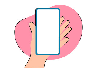 Hand holding a phone on a pink background