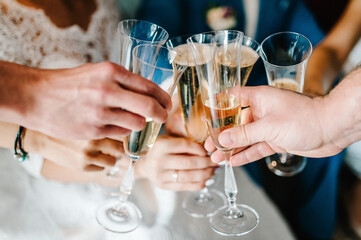 Cheers! People celebrate and raise glasses of wine for toast. Group of men and women cheering with champagne. Close up.