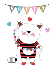 Collection Happy Valentine's Day with cute cats. Design a Valentine-themed doodle style for cards, posters, backgrounds, t-shirt designs, digital prints, covers, pillow, decoration, mugs  and more 