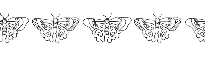 Butterfly coloring border. Seamless vector pattern horizontal black line art butterflies on a white background. Monochrome hand drawn design for coloring, kids decor, surface design, footer, header.