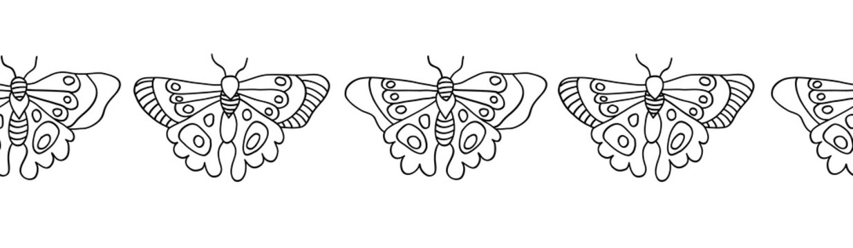 Butterfly coloring border. Seamless vector pattern horizontal black line art butterflies on a white background. Monochrome hand drawn design for coloring, kids decor, surface design, footer, header.