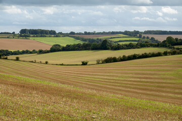 Fototapeta na wymiar View over arable landscape with stubble field in foreground, East Garston, West Berkshire, England, UK