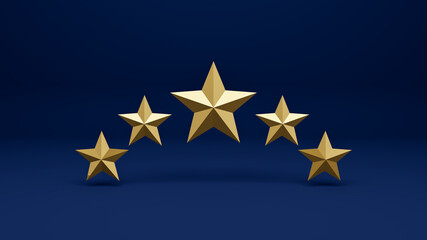 5 stars rating on blue background, abstract golden stars, best rating, customer feedback, top quality concept illustration, winner award first place competition stars, 3d rendering