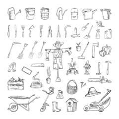 Collection of monochrome illustrations of garden tools in sketch style. Hand drawings in art ink style. Black and white graphics.
