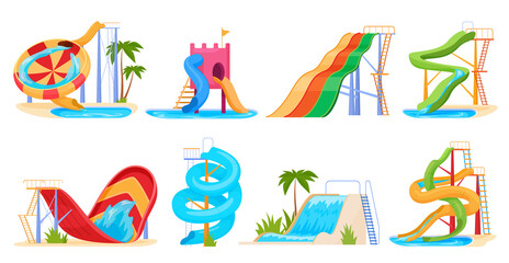 Water slides set vector flat cartoon illustration. Collection aquapark active extreme entertainment