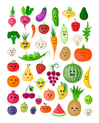 Collection of funny cartoon colorful fruits, berries and vegetables. Vector illustrations for children. Cute characters with different emotions.