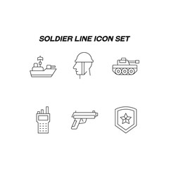Industry concept. Collection of modern high quality soldier line icons. Editable stroke. Premiul linear symbols of soldier, military radio, warship, star on military emblem, gun, battle tank