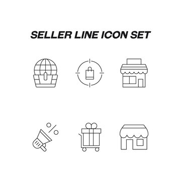 Industry concept. Collection of modern high quality seller line icons. Editable stroke. Premiul linear symbols of globe in shopping cart, shopping bag, target, store, sale, discount, store, gift