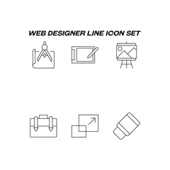 Industry concept. Collection of modern high quality web designer line icons. Editable stroke. Premiul linear symbols of canvas, compass, graphic tablet, eraser, backpack, portfolio