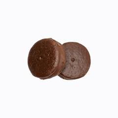 Chocolate-coated cookies isolated on a white background. Top view.