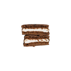 Slices of chocolate cookies with cream filling in chocolate glaze isolated on a white background. Top view.