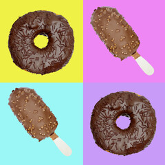 Seamless pattern of chocolate-coated donuts and ice cream on a multicolored background.