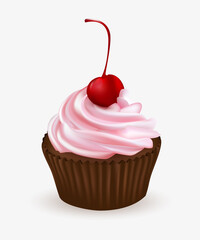 Cupcake with pink cream and cherries. Vector illustration. 3d realistic.