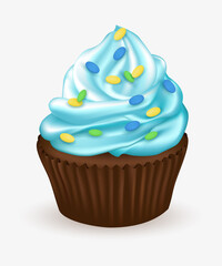 Cupcake with blue cream and multicolored sprinkles. Vector illustration. 3d realistic.