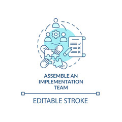 Build an implementation team concept icon. Strategy realization. Execution program support abstract idea thin line illustration. Vector isolated outline color drawing. Editable stroke
