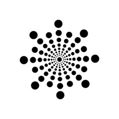 Black radial halftone dots circle on halftone white background. Abstract geometric shape. Logo design. 