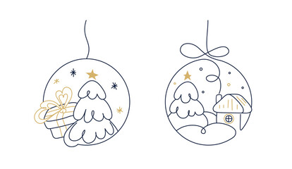A set of contour illustrations Christmas tree balls, a Christmas tree and a gift inside, a cozy house with a chimney. Dark and golden lines, snowflakes and stars