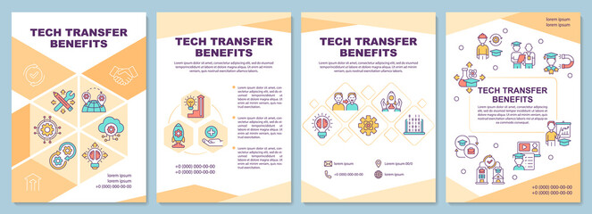 Naklejka na ściany i meble Tech transfer benefits brochure template. Partnership advantages. Flyer, booklet, leaflet print, cover design with linear icons. Vector layouts for presentation, annual reports, advertisement pages