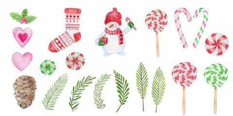 Watercolor Christmas object collection with christmas tree,snowman. Illustration for icon,logo,sticker,printable.