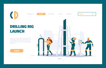 Oil industry landing. Gas industrial pipeline professional engineers check service mechanical workers garish vector business web page template