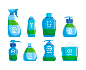 Sanitizer bottles. Hygienic products bottles disinfect products hands wiping packaging clear spray garish vector pictures collections of sanitizer