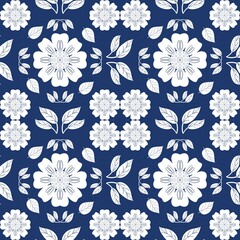 seamless pattern with flowers and leaves on a blue background, print on fabric