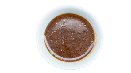 Above view of Sweet and Sour Soup with Duck. Inside white cup. On isolated white background with clipping path.
