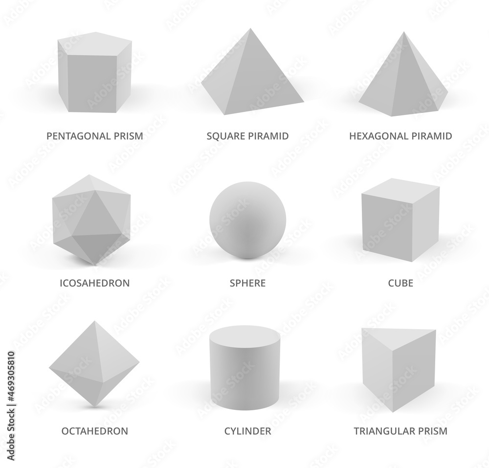 Poster realistic geometric forms. pyramid balls cubes and hexagon decent vector various basic 3d shapes col