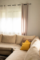 Home decor. Cozy stylish living room interior of modern apartment and trendy furniture. Contemporary interior design