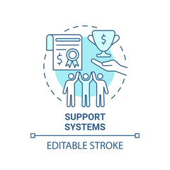 Support systems blue concept icon. Social entrepreneurship abstract idea thin line illustration. Build business credibility. Attract investors. Vector isolated outline color drawing. Editable stroke