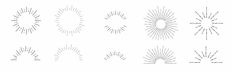 Obraz premium Sunburst set. Sunburst icon collection vector.Retro sunburst design.Big collection sunburst best quality. Burs.Sunrise rays light burst line shine sunshine sunbeam vintage border symbol 