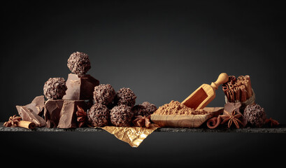 Chocolate candies with broken pieces of chocolate..