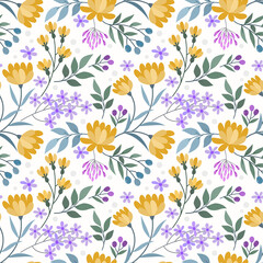 Fototapeta na wymiar Blooming yellow flowers and small purple flowers seamless pattern.