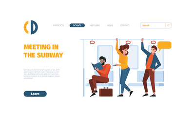 Grip train. Landing railway interior people standing with hand holding grip garish vector business web page with place for text