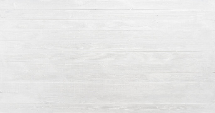 Wide white wood texture background. Light bright painted wooden table pattern top view.