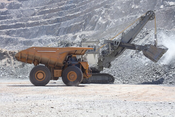 Electric rope shovel loading a dump truck at a copper mine in Chile