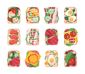 Sandwiches snack. Bread slices fresh toasts with healthy natural vegetables and sauce tomato cheese fish olive salad garish vector products collection