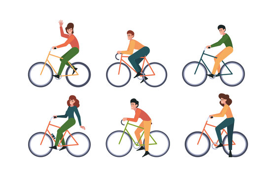 Bicycle. Urban transport fast bike with riders active lifestyle people sitting on bycicles garish vector flat illustrations