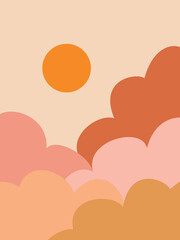 Abstract retro style sky illustration with colorful (yellow, orange, pink, red, brown) wavy clouds and sun shape decoration on pastel background