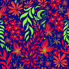 Seamless green pattern with orange tropical plants and red orchid flowers