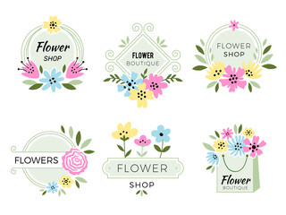 Flowers shop logo. Botanical vintage decoration bouquet with rose buds and leaves designs for wedding invitation cards recent vector stylized symbols