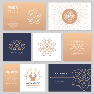 Yoga identity card. Ethnic pictures stylized elements for yoga club cards india organic illustrations spa salon branding recent vector templates with place for text