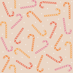 Seamless abstract retro style pattern with snow and pink, orange and red candy can decoration for Christmas  - 469307042