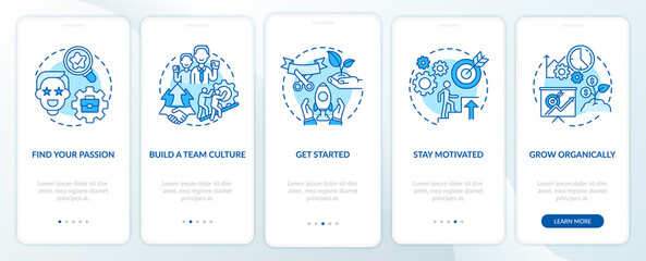 Fototapeta na wymiar Steps to start social entrepreneurship blue onboarding mobile app page screen. Walkthrough 5 steps graphic instructions with concepts. UI, UX, GUI vector template with linear color illustrations