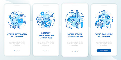 Social entrepreneur focus blue onboarding mobile app page screen. Social business walkthrough 4 steps graphic instructions with concepts. UI, UX, GUI vector template with linear color illustrations