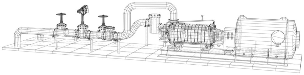 Wire-frame line pumping unit isolated on white. Vector rendering of 3d.