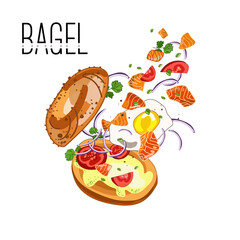 Fresh bagel sandwich with salmon fillet, tomatoes, avocado cream, egg and onion. The ingredients for the filling fly into the bagel. Drawn in sketch. Tasty breakfast. Take away fast food. Vector