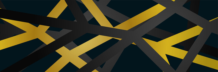 Modern 3D black and gold abstract wide web banner background with geometric net shapes. Vector digital technology futuristic abstract graphic design banner pattern background template.