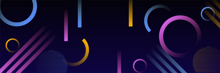 Modern blue yellow pink abstract wide web banner background with geometric memphis shapes. Vector digital technology futuristic abstract graphic design banner pattern background template.